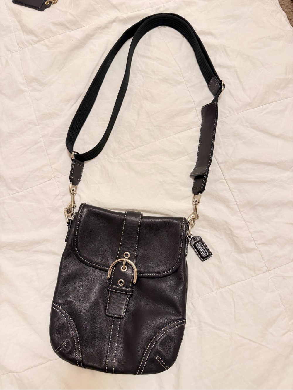 Black Leather Coach Soho Crossbody Bag with Buckle Detail